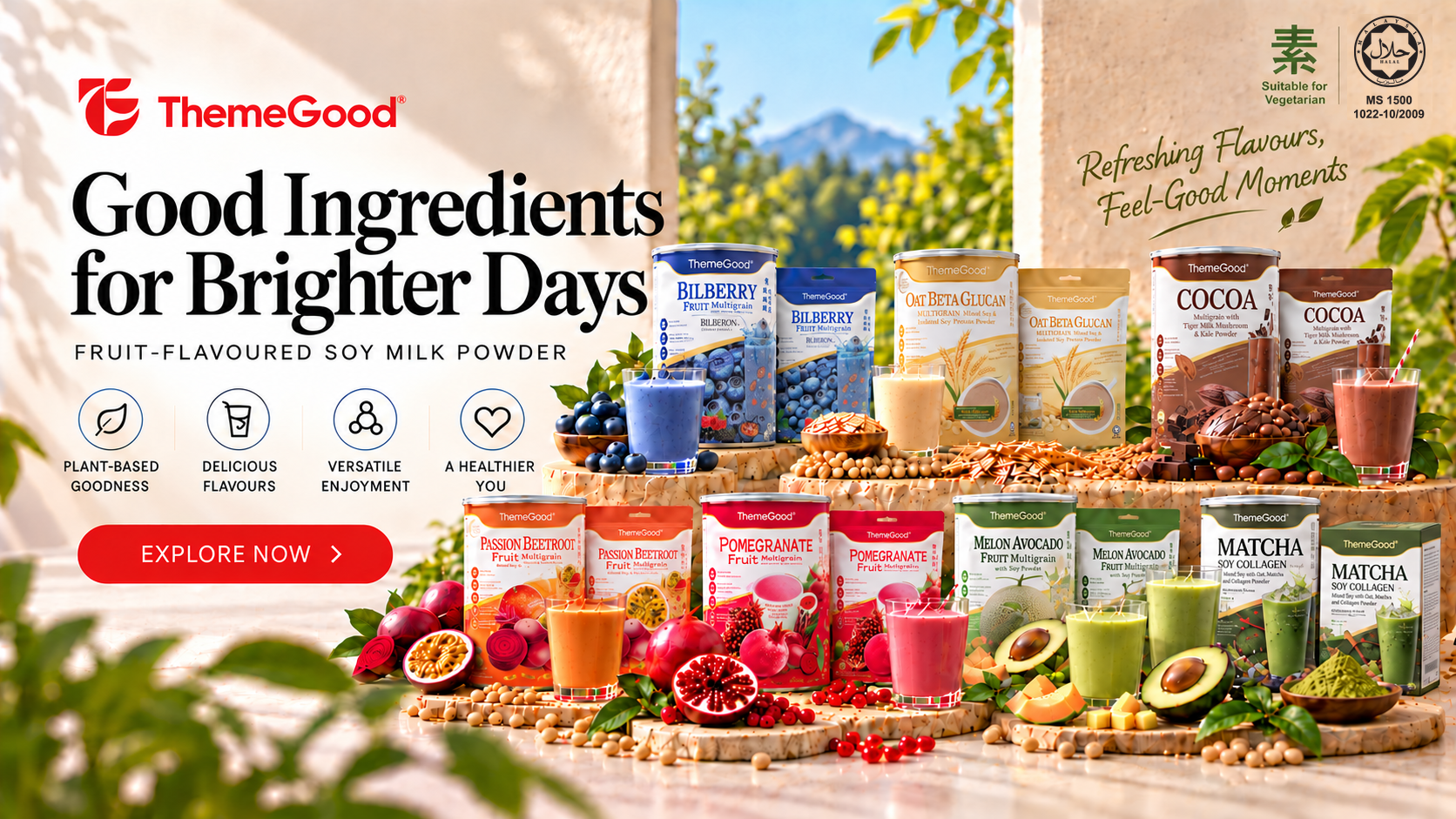 ThemeGood: Good Ingredients for Brighter Days. Fruit-flavoured soy milk powder. Explore now.